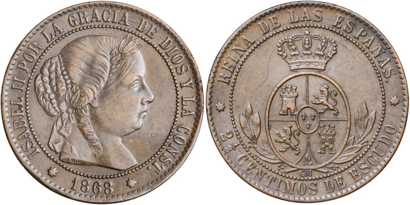 1868. Isabel II. Sevilla. OM. 2 1/2 céntimos de escudo. (AC. 243). 6,16 g. MBC+....