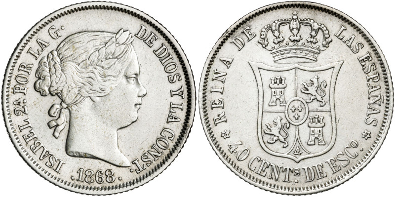 1868*1868. Isabel II. Madrid. 40 céntimos de escudo. (AC. 503). 5,21 g. MBC+.