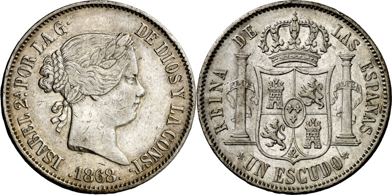 1868*1868. Isabel II. Madrid. 1 escudo. (AC. 567). 12,94 g. MBC/MBC+.