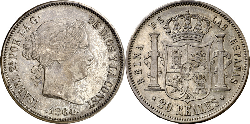 1864. Isabel II. Madrid. 20 reales. (AC. 622). Golpecito. Rayitas. 25,78 g. MBC+...