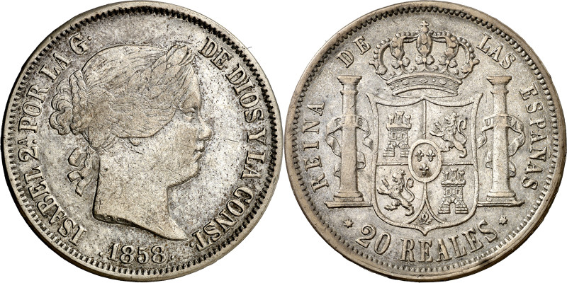 1858. Isabel II. Sevilla. 20 reales. (AC. 635). 25,85 g. MBC-/MBC.