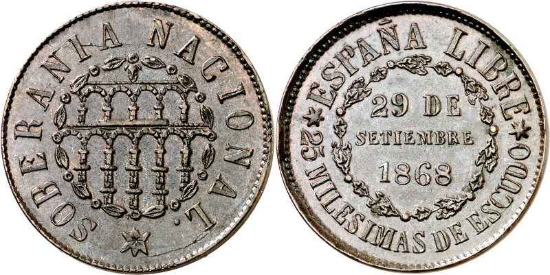 1868. Gobierno Provisional. Segovia. 25 milésimas de escudo. (AC. 3). Golpecito....