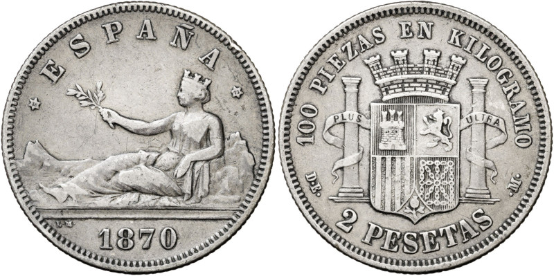 1870*1873. I República. DEM. 2 pesetas. (AC. 28). 9,87 g. MBC-.