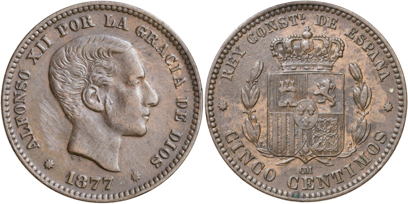 1877. Alfonso XII. Barcelona. OM. 5 céntimos. (AC. 4). 5,13 g. MBC+.