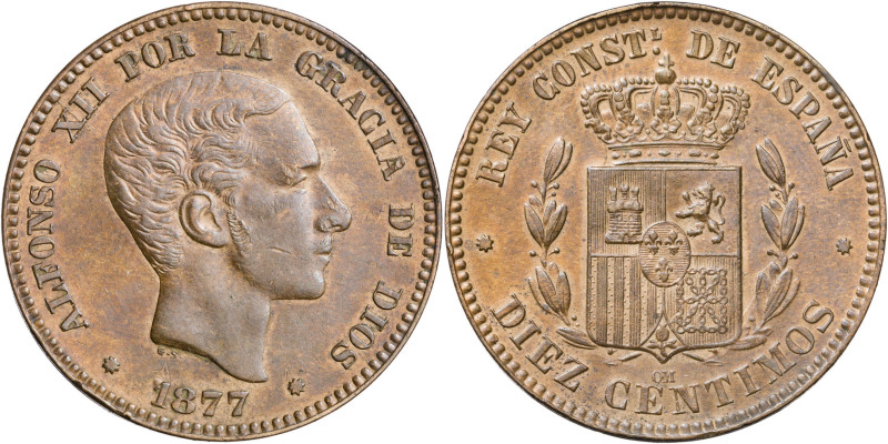 1877. Alfonso XII. Barcelona. OM. 10 céntimos. (AC. 8). 10,04 g. MBC+/EBC-.