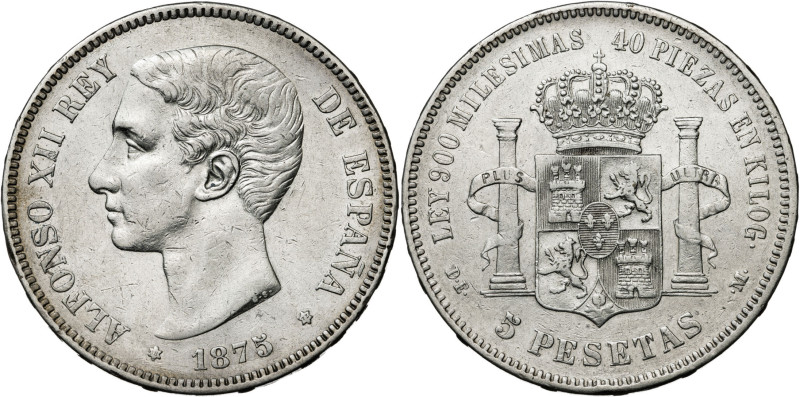 1875*1875. Alfonso XII. DEM. 5 pesetas. (AC. 35). Limpiada. 24,92 g. MBC/MBC+.