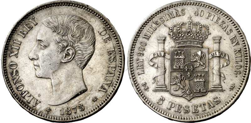 1875*1875. Alfonso XII. DEM. 5 pesetas. (AC. 35). Atractiva. 24,83 g. MBC+.