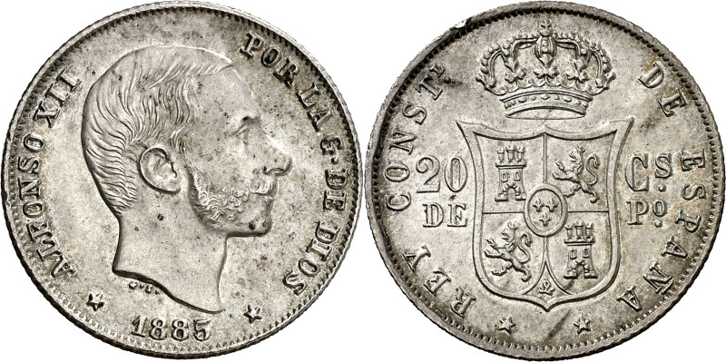 1885. Alfonso XII. Manila. 20 centavos. (AC. 111). Bella. 5,10 g. EBC+.