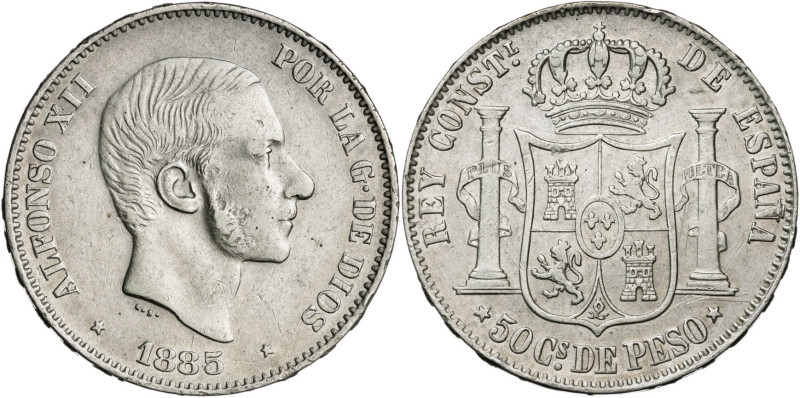 1885. Alfonso XII. Manila. 50 centavos. (AC. 124). 12,88 g. MBC-/MBC.