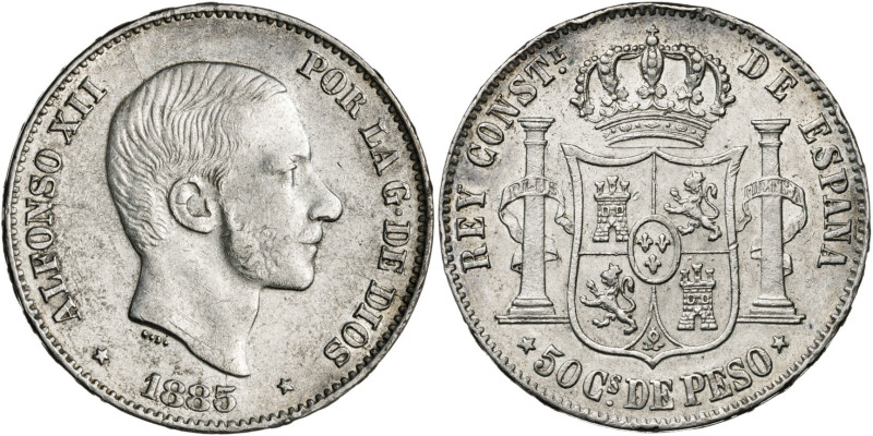 1885. Alfonso XII. Manila. 50 centavos. (AC. 124). 12,91 g. MBC/MBC+.