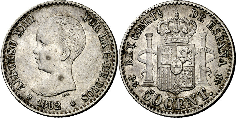 1892/89*62. Alfonso XIII. PGM. 50 céntimos. (AC. 36). Escasa. 2,46 g. MBC/MBC+.