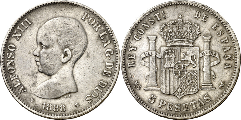 1888*1888. Alfonso XIII. MSM. 5 pesetas. (AC. 89). Muy rara. 24,72 g. MBC-.