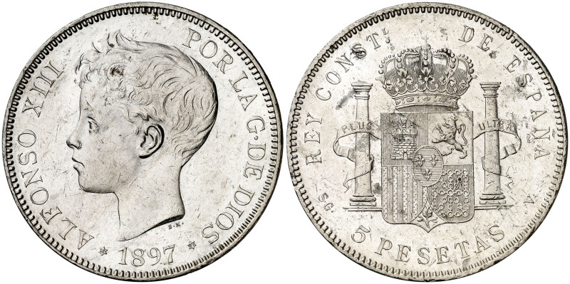 1897*1897. Alfonso XIII. SGV. 5 pesetas. (AC. 107). Rayitas. Ex Áureo & Calicó 1...