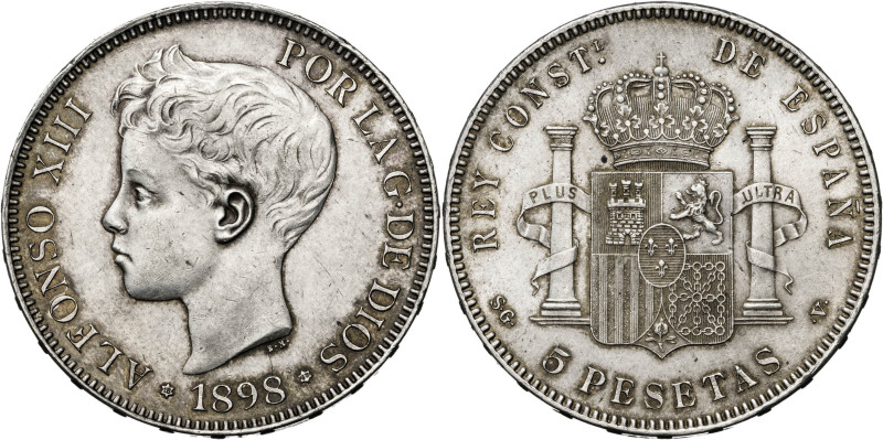 1898*1898. Alfonso XIII. SGV. 5 pesetas. (AC. 109). Pátina. 24,88 g. MBC+/EBC-.