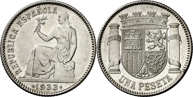 1933*34. II República. 1 peseta. (AC. 35). Reverso girado 15º. 4,92 g. S/C-.