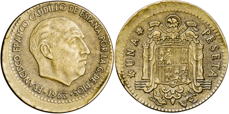 1963*1964. Franco. 1 peseta. (AC. 64). Descentrada. 3,35 g. MBC+.