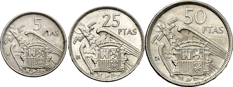 1957. Franco. BA (Barcelona). 5, 25 y 50 pesetas. (AC. 154 a 156). I Exposición ...