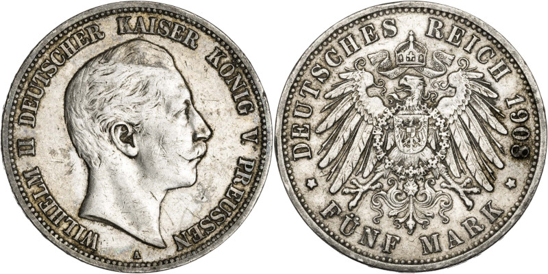 Alemania. Prusia. 1908. Guillermo II. A (Berlín). 5 marcos. (KM. 523). AG. 27,72...