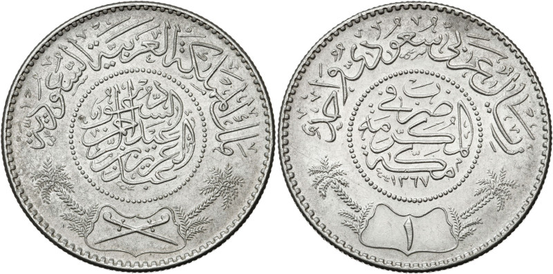 Arabia Saudita. AH 1367/1947. 1 riyal. (KM. 18). AG. 11,61 g. EBC.