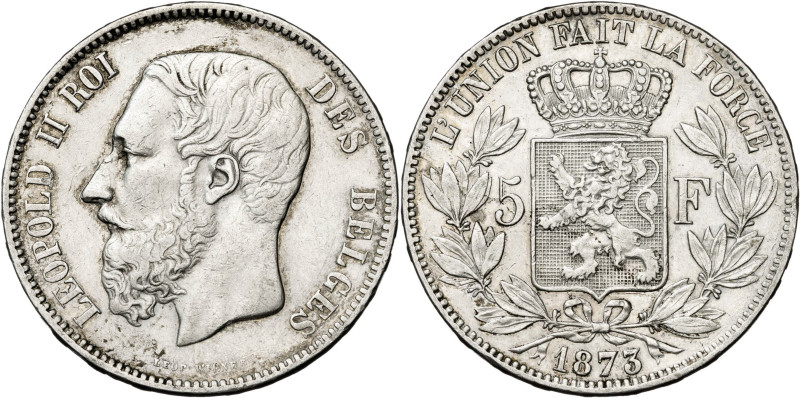 Bélgica. 1873. Leopoldo II. 5 francos. (KM. 24). AG. 24,88 g. MBC+.