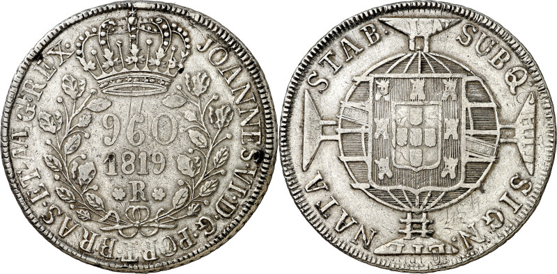 Brasil. 1819. Juan VI. R (Río). 960 reis. (KM. 326.1). Acuñada sobre 1 peso chil...