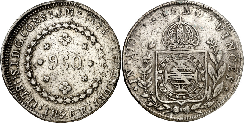 Brasil. 1826. Pedro I. R (Río). 960 reis. (KM. 368.1). Acuñada sobre un 8 reales...