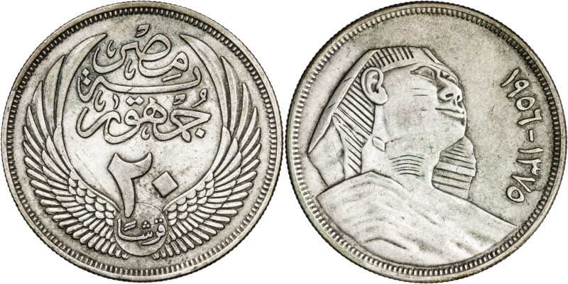 Egipto. AH 1375/1956. 20 piastras. (KM. 384). AG. 13,88 g. MBC+.