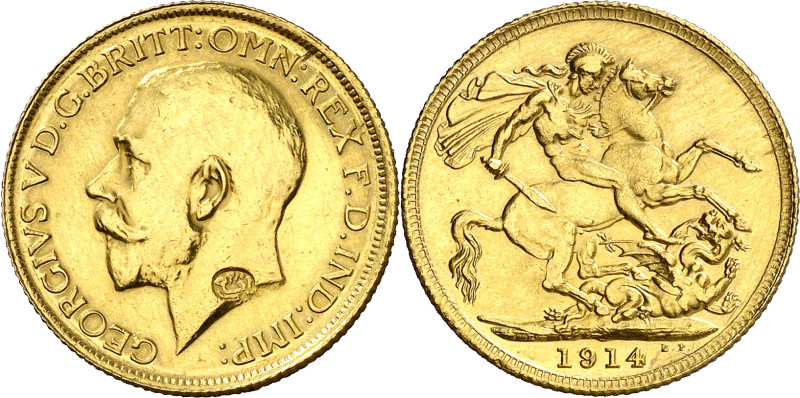 Gran Bretaña. 1914. Jorge V. 1 libra. (Fr. 404) (KM. 820). Contramarca de cambis...