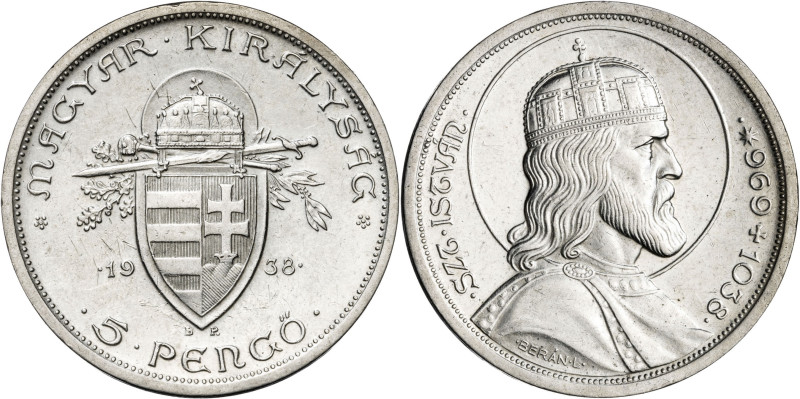 Hungría. 1938. BP (Budapest). 5 pengo. (KM. 516). 900º Aniversario de la muerte ...