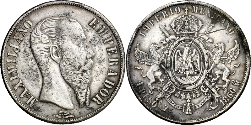 México. 1866. Maximiliano. México. 1 peso. (KM. 388.1). Rayita en reverso. Golpe...