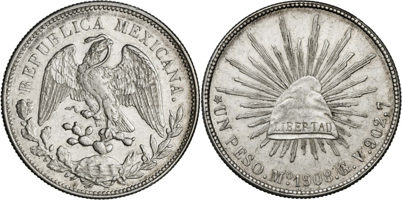 México. 1908. México. GV. 1 peso. (KM. 409.2). AG. 27,10 g. MBC-/MBC.