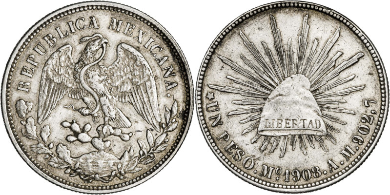 México. 1908. México. AM. 1 peso. (KM. 409.2). AG. 27,08 g. MBC-/MBC.