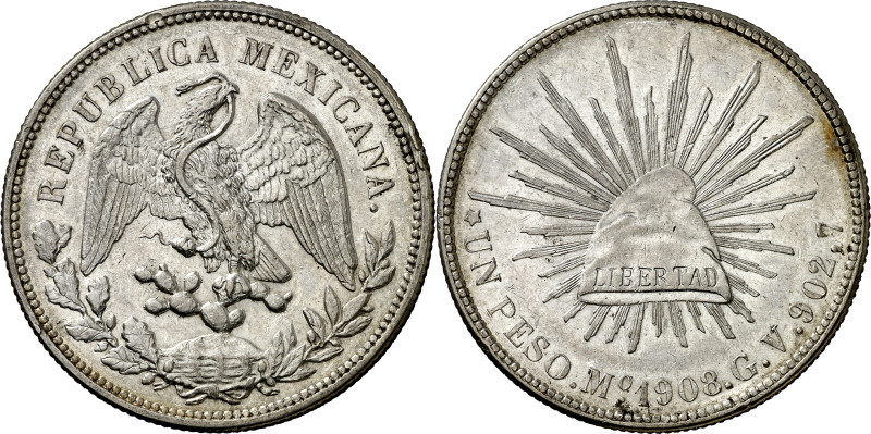 México. 1908. México. GV. 1 peso. (KM. 409.2). Atractiva. AG. 27,01 g. EBC-.