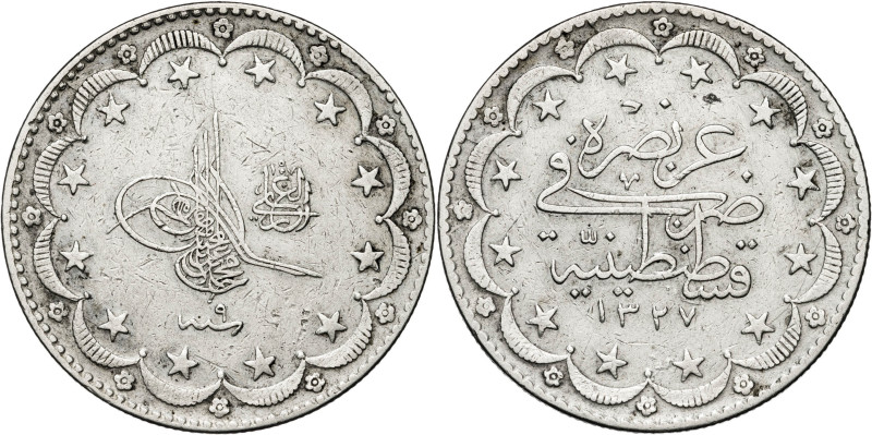 Turquía. Año 9 (1909). Muhammad V. 20 kurush. (KM. 780). AG. 23,85 g. MBC.