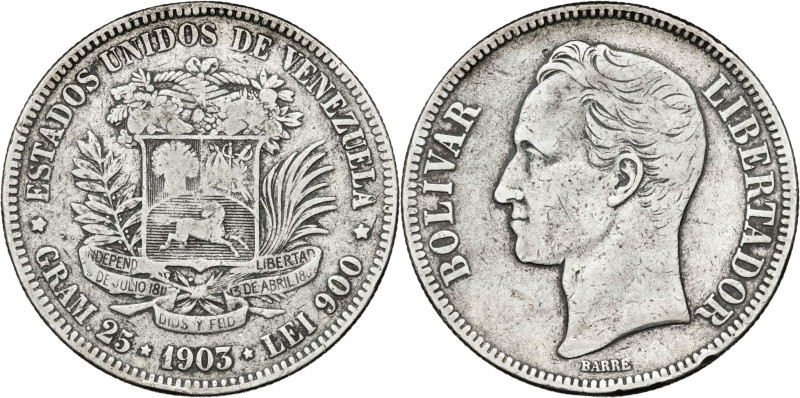 Venezuela. 1903. 5 bolívares. (KM. 24.2). AG. 24,71 g. MBC-.