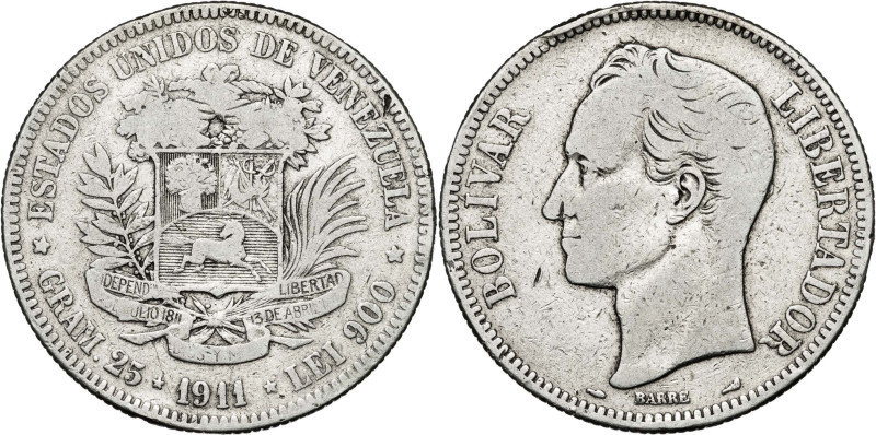 Venezuela. 1911. 5 bolívares. (KM. 24.2). AG. 24,59 g. BC+.