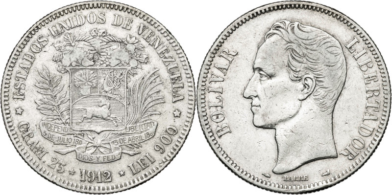 Venezuela. 1912. 5 bolívares. (KM. 24.2). AG. 24,95 g. MBC.