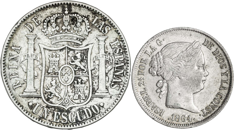 1864. Isabel II. Madrid. 40 céntimos de escudo y 1 escudo. Lote de 2 monedas. BC...