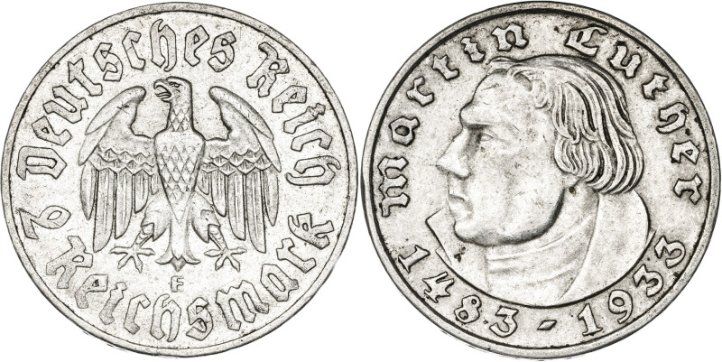 Alemania. 1933. F (Stuttgart). 2 marcos. Lote de 2 monedas. AG. MBC/MBC+.