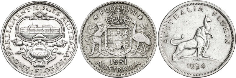 Australia. 1927, 1951 y 1954. 1 florín. Lote de 3 monedas, Jorge V, Jorge VI e I...