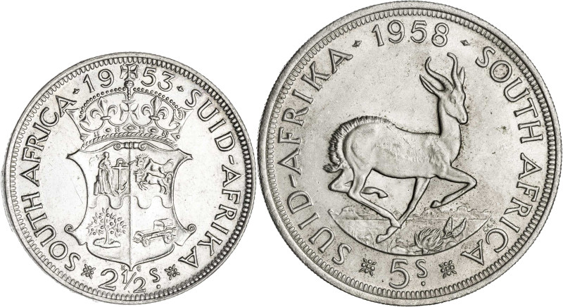 Sudáfrica. 1953 y 1958. Isabel II. 2 1/2 y 5 chelines. Lote de 2 monedas. AG. EB...