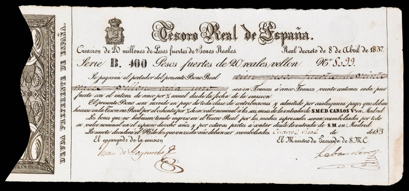 1837. Carlos V, Pretendiente. Tesoro Real de España. 100 pesos fuertes. (Ed. 22)...