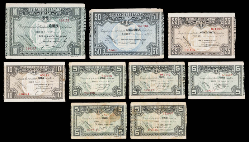 1937. Bilbao. 5 (sin serie (tres) y serie A (dos)), 10, 25, 50 y 100 pesetas. (E...