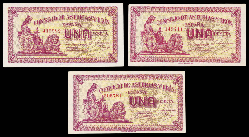 1937. Asturias y León. 1 peseta. (Ed. 397). 3 billetes. EBC-/EBC+.