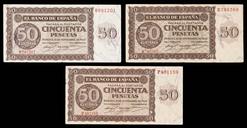 1936. Burgos. 50 pesetas. (Ed. 420a). 21 de noviembre. 3 billetes, series E, O y...