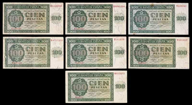 1936. Burgos. 100 pesetas. (Ed. 421a y 421b). 21 de noviembre. Lote de 7 billete...