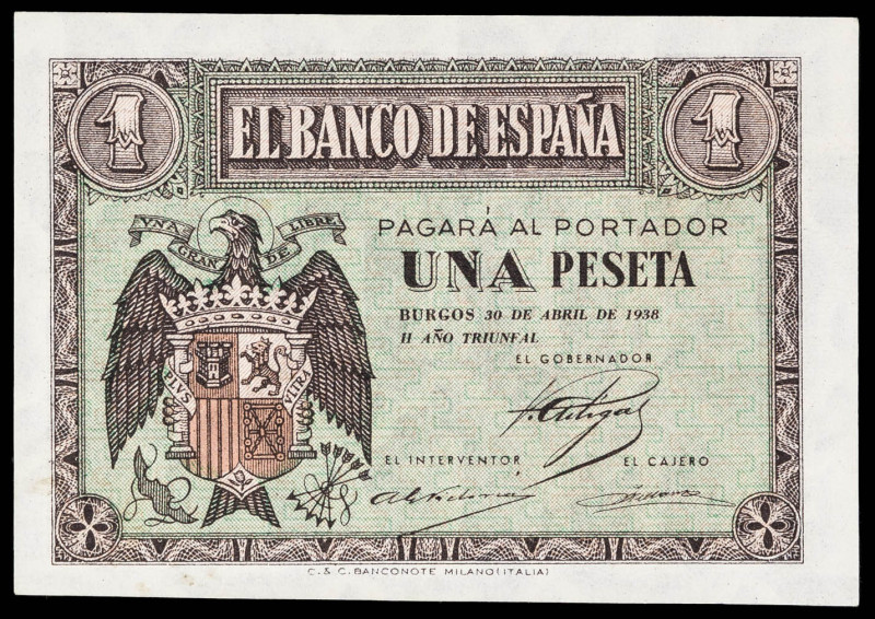 1938. Burgos. 1 peseta. (Ed. 428a). 30 de abril, serie D. Esquinas rozadas. S/C.