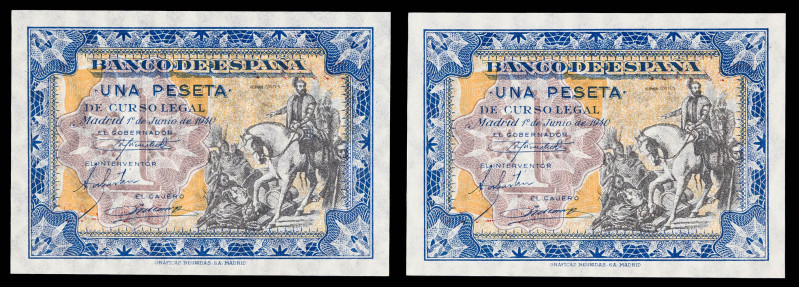 1940. 1 peseta. (Ed. 441a). 1 de junio, Hernán Cortés. Pareja correlativa, serie...