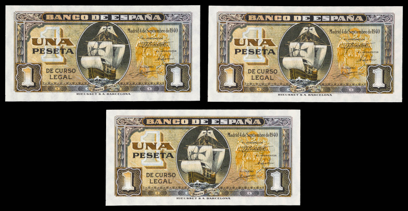 1940. 1 peseta. (Ed. 442a). 4 de septiembre, "Santa María". Trío correlativo, se...