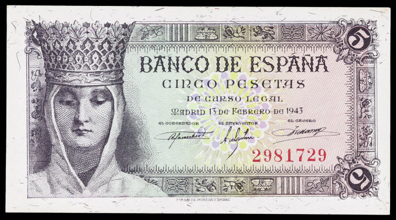 1943. 5 pesetas. (Ed. 446). 13 de febrero, Isabel la Católica. Sin serie. Leve d...